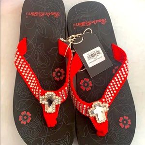 Rustic Couture Red Flip Flops Diamonds & Cross!